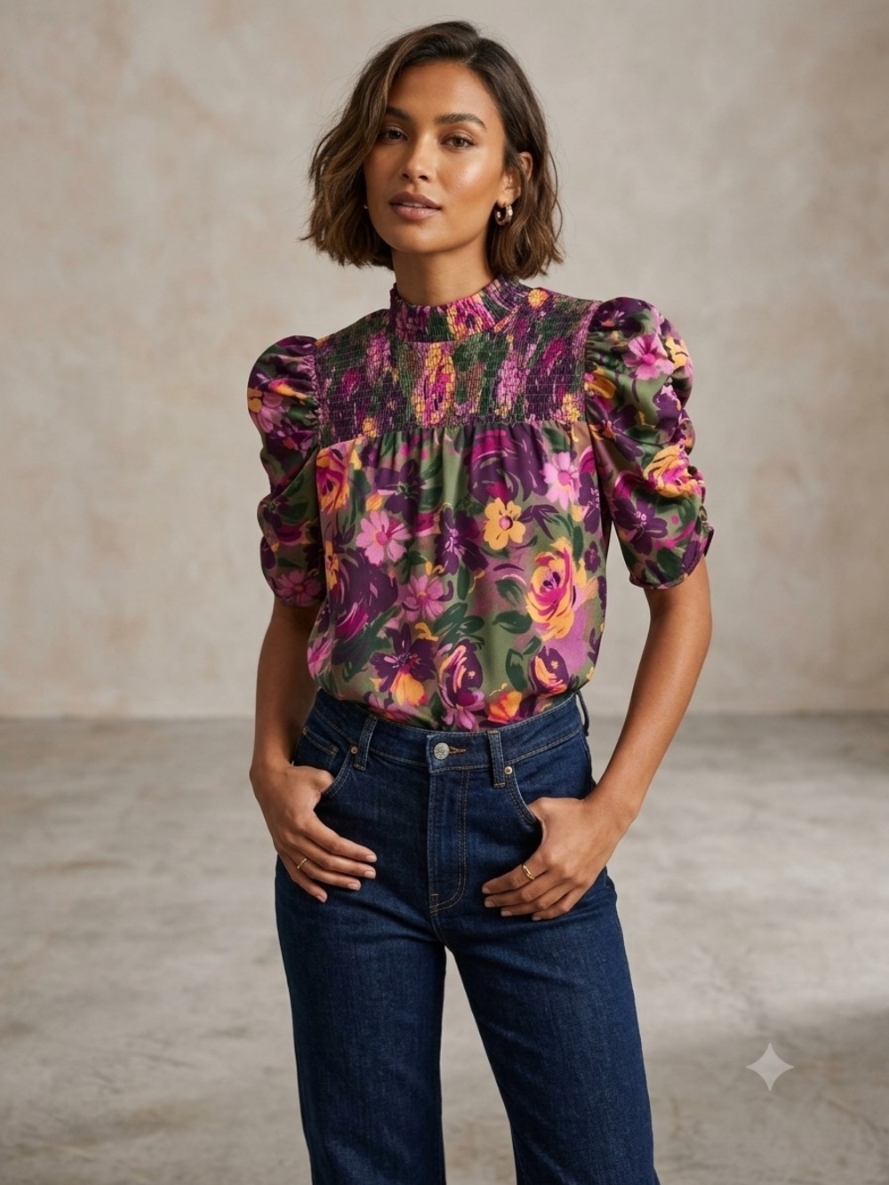 THML Purple & Green Floral Smocked Puff-Sleeve Blouse
